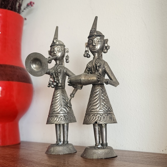 Vintage Artisan Taboo Pair Set of 2 Hindu Export Silver Tone Musicians Figures - Picture 7 of 7